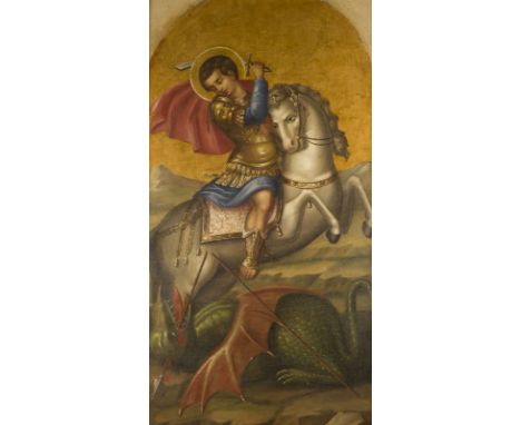 OSTEUROPÄISCHE SCHULE DES 18. JH.HEILIGER GEORG AUF SEINEM PFERD, DEN DRACHEN ERLEGEND Öl auf Leinwand (doubl.). 100 x 55 cm 