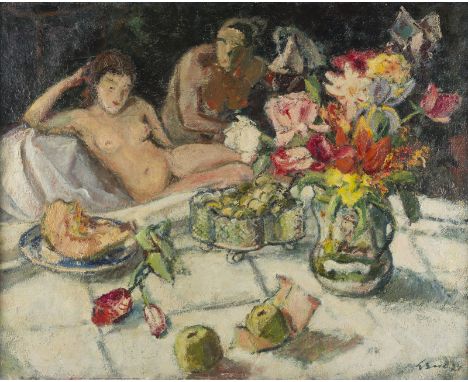 LUDWIG BOCK1886 München - 1971 ebendaSTILLLEBEN MIT AKT (1924) Öl auf Leinwand. 81 x 100 cm (R. 84 x 104 cm). Signiert und da