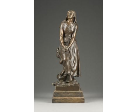 EUGÈNE LAURENT1832 Gray - 1898 Paris'JEANNE D'ARC' Bronze, dunkel patiniert, H. 5,5 cm). Ges.-H. 45,5, B. 15,5, T. 15,5 cm, G