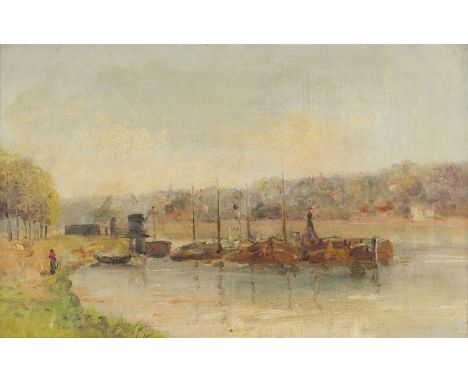 IMPRESSIONISTtätig wohl in Frankreich Ende 19. Jh.LASTKÄHNE Öl auf Leinwand. 38 x 61 cm (R. 51 x 73 cm). Reste der Signatur u