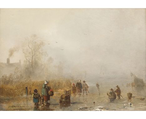 ADOLF STADEMANN1824 München - 1895 ebendaEISVERGNÜGEN Öl auf Holz. 24,5 x 34,5 cm (R. 39 x 49 cm). Signiert unten rechts. Ret