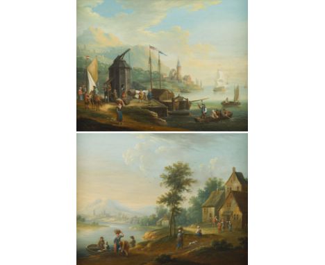 FRANKFURTER SCHULE DES 18. JH.PAAR GEMÄLDE: DÖRFLICHES GESCHEHEN AM FLUSS / ENTLADEN DER BOOTE IM HAFEN Beide. Öl auf Nusshol