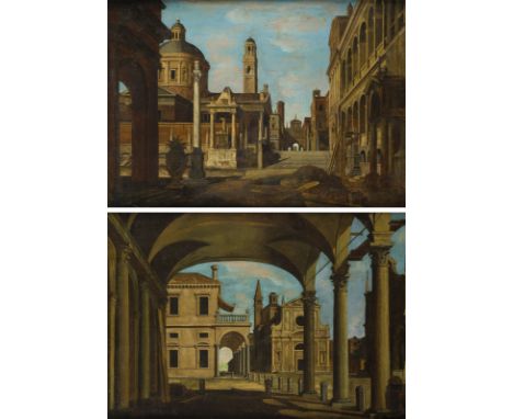 VENEZIANISCHE SCHULE DES 18. JH.PAAR ARCHITEKTUR-CAPRICCI Jeweils: Öl auf Leinwand (doubl.). Jedes: 66 x 96 cm (R. 109 x 80 c