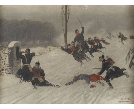 CHRISTIAN SELL D. Ä.1831 Hamburg - 1883 DüsseldorfANGRIFF DER PREUSSISCHEN SOLDATEN Öl auf Leinwand. 27 x 35 cm (R. 40 x 49 c