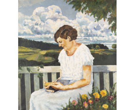 LOUIS FLOUTIER (UMKREIS)1882 Toulouse - 1936 Saint-Jean-de-LuzDame bei der Lektüre vor weiter Sommerlandschaft Öl auf Leinwan