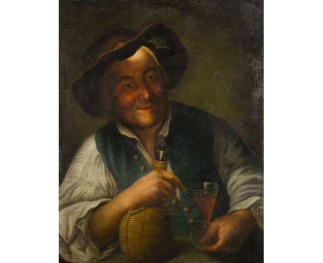 BAMBOCCIANTI-SCHULE DES 18. JH.BAUER MIT KORBFLASCHE UND WEINGLAS Öl auf Leinwand (doubl.). 78 x 60 cm (R. 90 x 72 cm). Part.