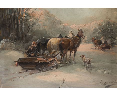 JAN KONARSKIPolnischer Maler, 1850 - 1918PFERDESCHLITTEN IN EINER WINTERLANDSCHAFT Öl auf Karton. 13,3 x 18,7 cm (R. 23 x 28,