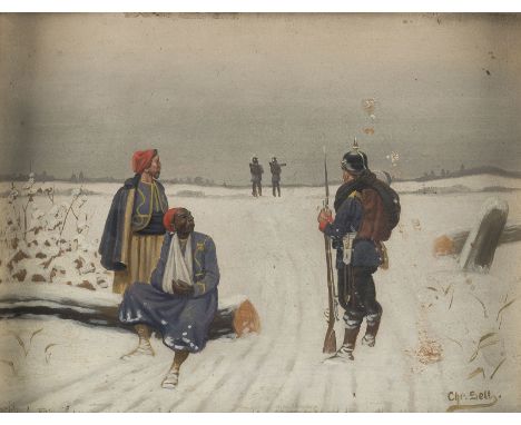 CHRISTIAN SELL D. Ä.1831 Hamburg - 1883 DüsseldorfPREUßISCHER SOLDAT BEWACHT FRANZÖSISCHE KOLONIALSOLDATEN Öl auf Holz. 16 x 
