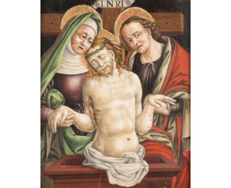 SCHULE VON BERGAMO / NORDITALIENISCHE SCHULE, UM 1500BEWEINUNG CHRISTI MIT MARIA UND JOHANNES DEM EVANGELISTENÖl-Tempera auf 