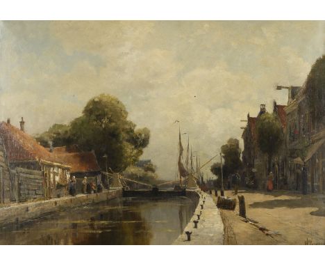JAN HILLEBRAND WIJSMULLER1855 Amsterdam - 1925 ebendaHOLLÄNDISCHER STADTKANAL Öl auf Leinwand. 70 x 100 cm (R. 135 x 105 cm).