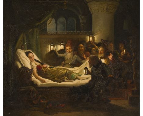 CARL BERTLING1835 Dahlinghausen - 1918 WachauSCHNEEWITCHEN UND DIE SIEBEN ZWERGE. 1876 Öl auf Leinwand. 64 x 77 cm (R. 103 x 