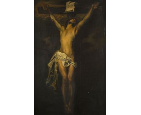 WOHL FLÄMISCHE SCHULDE DES 18. JH.KREUZIGUNG CHRISTI Öl auf Leinwand auf Holztafel. 121 x 80 cm (R. 136 x 91 cm). Part. leich