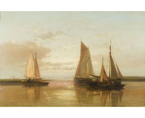 ABRAHAM HULK II1851 - 1922SEGELBOOTE BEI SONNENUNTERGANG Öl auf Leinwand. 40 x 61 cm (R. 52 x 73 cm). Signiert unten links. P