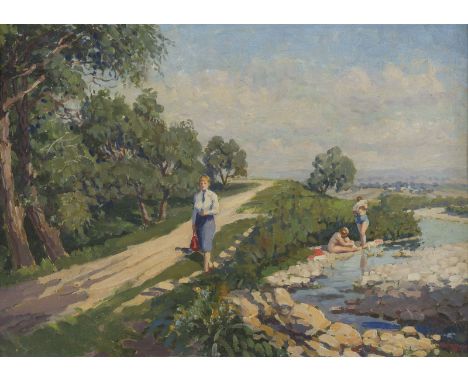 WOHL FRANZÖSISCHER KÜNSTLERtätig in den 30er 20. Jh.SOMMERLANDSCHAFT MIT BADENDEN UND VORBEIGEHENDEN FRAU. 1930 Öl auf Karton