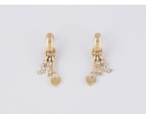 PAAR VARIO-OHRSTECKER Gelbgold, Weißgold. L. ohne Hänger 1,4 cm, mit Hängern 3,9 cm. Ges.-Gew. zus. ca. 11,6 g. Geprüft 14 K.
