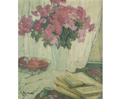 ELISABETH ANDRAE1876 Anger bei Leipzig - 1945 DresdenSTILLLEBEN MIT BLUMEN IN EINER VASE, BUCHERN UND APFELN Öl auf Leinwand.