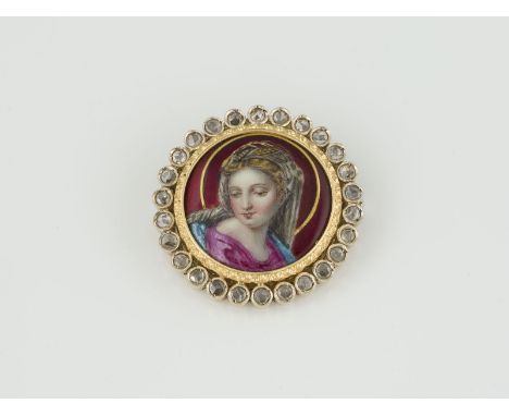 BROSCHE Gelbgold, Weißgold. D. 3,3 cm, Ges.-Gew. ca. 14,9 g. Rahmung und Nadel geprüft 18 K. Feine Emaille-Malerei mit Frauen