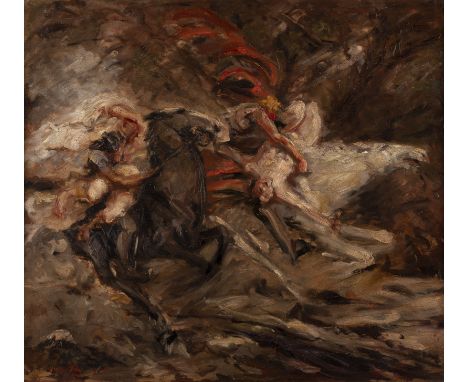 HANNS FAY1888 Frankenthal - 1957 Neustadt an der WeinstraßeDavonpreschende Reiter Öl auf Holz. 84,5 x 95 cm (R. 104 x 114 cm)