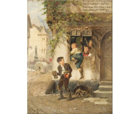 FRITZ BEINKE1842 Düsseldorf - 1907 ebendaDIE SCHULSCHWÄNZER Öl auf Leinwand. 36 x 27 cm (R. 57 x 49 cm). Signiert unten recht