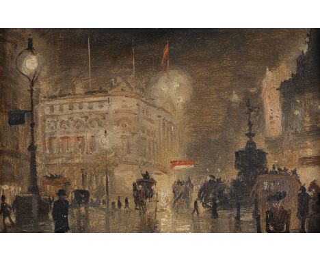 GEORGE HYDE-POWNALL1866 Radcliffe-on-Trent - 1939ABENDLICH ERLEUCHTETE PICCADILLY CIRCUS Öl auf Karton. 15 x 23 cm (R. 26,5 x