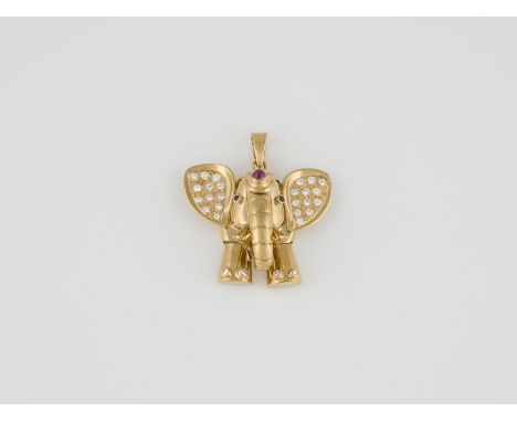 ANHÄNGER Gelbgold. 3,5 x 3,4 cm, Ges.-Gew. ca. 17,7 g. Geprüft 18 K. Anhänger in Form eine Elefanten, Beine und Rüssel bewegl