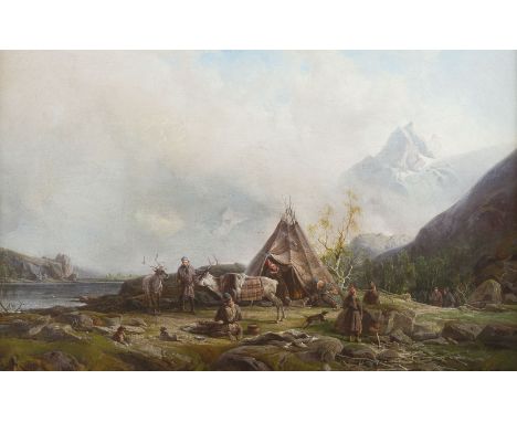 FRANZ WILHELM SCHIERTZ1813 Leipzig - 1887 BalestrandSAMISCHES LAGER, FINNLAND. 1884 Öl auf Leinwand, doubliert. 50 x 75 cm (R