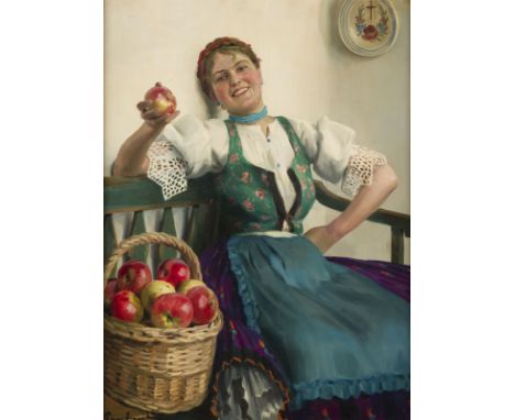 EMIL PAP1884 Szolnok - 1949 TataMÄDCHEN MIT ÄPFELN Öl auf Leinwand. 80 x 60 cm (R. 97 x 75 cm). Signiert unten links 'Pap Emi
