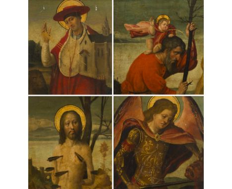 NORDITALIENISCH-VENEZIANISCHE SCHULE, UM 1500VIER GEMÄLDE: ERZENGEL MICHAEL, HEILIGER SEBASTIAN, HEILIGER CHRISTOPHORUS UND H