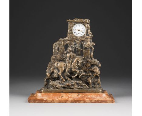 TASCHENUHRSTÄNDER 'RITTER VOR EINER BURGMAUER' MIT TASCHENUHR Deutsch, Ende 19./Anfg. 20. Jh. Marmor, Bronze, Metall, Glas. 2