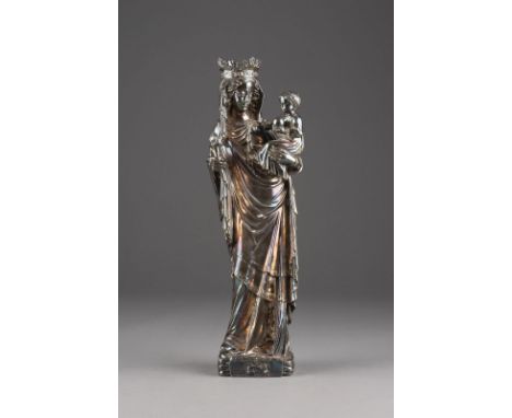 UNBEKANNTER BILDPLASTIKERTätig im 20. Jh.MADONNA MIT DEM CHRISTUSKIND Bronze, versilbert. H. 48,5, B. 13, T. 11 cm, Gew. ca. 