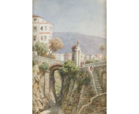 EDUARD PAPEBerlin 1817 - 1905ALTE BOGENBRÜCKE IN EINEM ITALIENISCHEN STÄDTCHEN Aquarell auf Papier, auf Krton. 22.5 x 15.5 cm