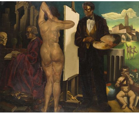 JEAN-PIERRE DEQUENE1905 - 1954'FIGUREN' SURREALISTISCHE KOMPOSITION. 1934 Öl auf Platte. 121 x 151 cm (R. 136 x 165 cm). Sign