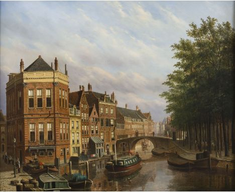 M. DE VRIEStätig 2.Hälfte 19. JhHOLLÄNDISCHE STADTANSICHT. 1877 Öl auf Leinwand, doubliert. 71 x 86 cm (R. 93 x 103 cm). Rest