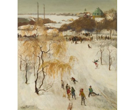 WILLY REETZ1892 Düsseldorf - 1963 ebendaWINTERTAG IN DÜSSELDORF, BLICK AUF DEN EHEMALIGEN AUSSTELLUNGSPALAST Öl auf Leinwand,