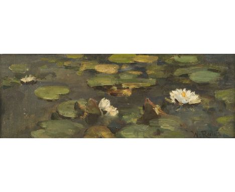 WILLEM ROELOFS1822 Amsterdam - 1897 BerchemSEEROSEN Öl auf Holz. 17 x 44 cm (R. 38,5 x 65 cm). Signiert unten rechts 'W. Roel