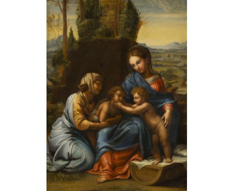 RAFFAEL (WAHRSCHEINLICH WERKSTATT) / GIULIO ROMANO1483 Urbino 1520 Rom - 1499 Rom 1546 MantuaHEILIGE FAMILIE MIT DER JUNGFRAU