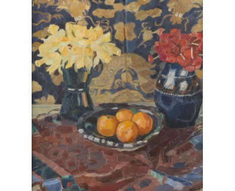 DEUTSCHER MALER DES SPÄTIMPRESSIONISMUSAnfang 20. JhSTILLLEBEN MIT BLUMEN UND ORANGEN Öl auf Leinwand. 63 x 58 cm (R. 87 x 80