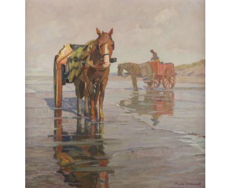 PAUL WALLAT1870 Rostock - 1966 SønderborgPFERDEWAGEN AM STRAND Öl auf Leinwand. 71 x 67 cm (R. 80 x 77 cm). Signiert unten re