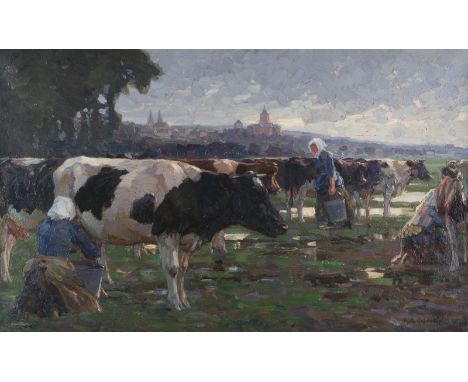 AUGUST LÜDECKE-CLEVE1868 Heinsberg - 1957 MünchenMELKERINNEN BEI DER ARBEIT VOR DER ABENDLICHEN LANDSCHAFT Öl auf Leinwand. 6