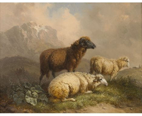 BRITISCHE SCHULE2. Hälfte 19. Jh.DREI SCHAFE VOR HOCHGEBIRGSKULISSE Öl auf Holz. 33 x 40 cm (R. 58 x 65 cm). Sehr min. besch.