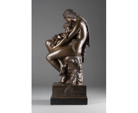 AUGUSTE HYACINTHE DEBAY1804 Nantes - 1865 ParisEVA MIT IHREN SÖHNEN KAIN UND ABEL Bronze, braun patiniert, auf rechteckiger P