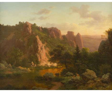 GEORG EDUARD OTTO SAAL1818 Koblenz - 1870 Baden-BadenNORWEGISCHE BERGLANDSCHAFT MIT BADENDEN KNABEN BEI ABENDLICHER SONNE, 18