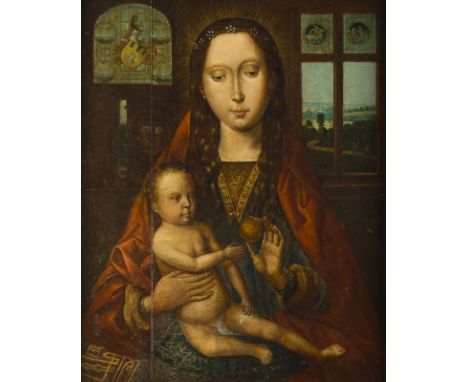 HANS MEMLING (NACHFOLGER DES 18. JH.)1433/1440 Seligenstadt - 1494 BrüggeMADONNA MIT KIND Öl auf Eichenholztafel. 41 x 32 cm 