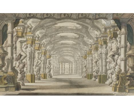 DANIEL MAROT1661 Paris - 1752 Den HaagSÄULENHALLE MIT HERMEN UND KARYATIDEN Feder in Grau, laviert, teilweise polychrom staff