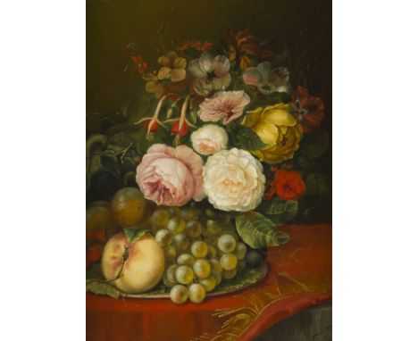 ANNA FRANCISCA DE RIJK1834 Hilversum - 1889 VelpSTILLLEBEN MIT BLUMEN UND FRÜCHTEN Öl auf Holz. 40,5 x 32 cm (R. 56,5 x 46 cm