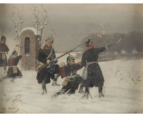 CHRISTIAN SELL D. Ä.1831 Hamburg - 1883 DüsseldorfDIE PREUßISCHE INFANTERIE IN VERSCHNEITER WINTERLANDSCHAFT. Öl auf Holz. 16