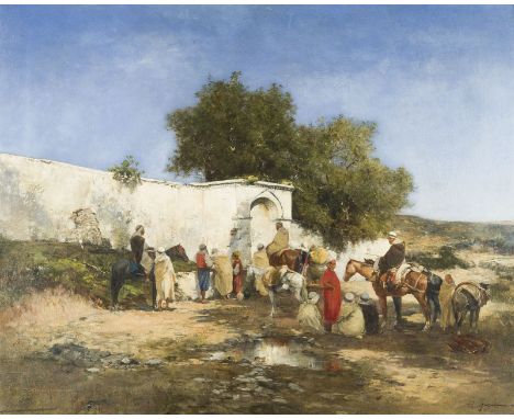VICTOR PIERRE HUGUET1835 Le Lude - 1902 ParisKARAWANE AM BRUNNEN Öl auf Leinwand, doubliert. 66 x 81 cm (R. 88 x 102 cm). Sig