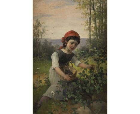 JOHANN JAKOB NÜESCH1845 Balgach - 1895 St. GallenMÄDCHEN BEIM BEERENSAMMELN IM WALD Öl auf Leinwand. 36 x 24 cm (R. 54,5 x 43
