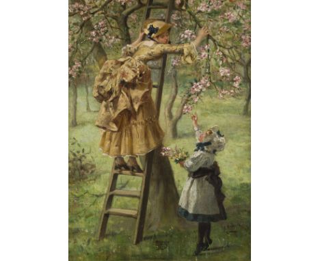 ALBERT II LUDOVICI1852 - 1932JUNGE DAME UND MÄDCHEN PFLÜCKEN BLÜMEN VON EINEM APFELBAUM IM GARTEN. 1884 Öl auf Platte. 32 x 2