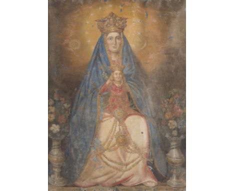 SÜDAMERIKANISCH-SPANISCHE SCHULE DES 19. JH.JUNGFRAU MIT DEM KINDE Tempera auf Metalltafel. 71 x 52 cm (R. 78 x 58 cm). Part.